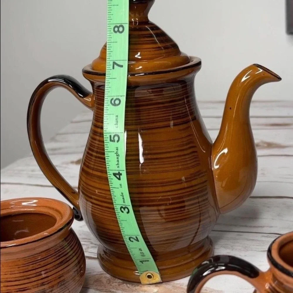 Vintage Japan Ceramic Tea Coffee Set‎ Brown Striped Teapot Creamer Sugar 3pc OS